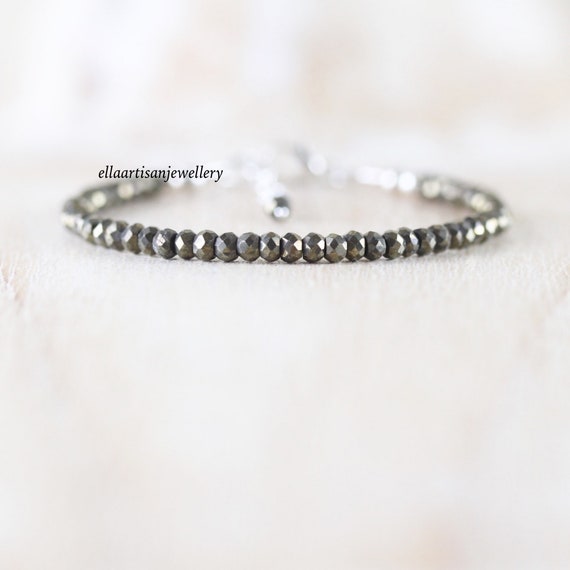 Pyrite Dainty Bracelet In Sterling Silver, Gold Or Rose Gold Filled, Delicate Gemstone Stacking Bracelet With 3mm Faceted Beads