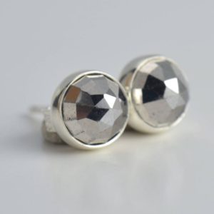 gray iron pyrite rose cut 6mm sterling silver stud earrings pair | Natural genuine Pyrite earrings. Buy crystal jewelry, handmade handcrafted artisan jewelry for women.  Unique handmade gift ideas. #jewelry #beadedearrings #beadedjewelry #gift #shopping #handmadejewelry #fashion #style #product #earrings #affiliate #ad