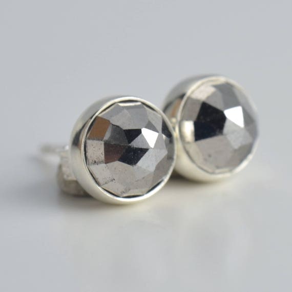 Gray Iron Pyrite Rose Cut 6mm Sterling Silver Stud Earrings Pair