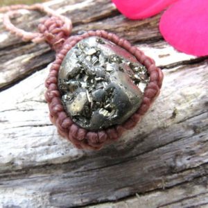 Shop Pyrite Necklaces! Pyrite crystal necklace, gold pyrite necklace, self-confidence crystals, meditation crystals, root chakra crystal, macrame necklace, | Natural genuine Pyrite necklaces. Buy crystal jewelry, handmade handcrafted artisan jewelry for women.  Unique handmade gift ideas. #jewelry #beadednecklaces #beadedjewelry #gift #shopping #handmadejewelry #fashion #style #product #necklaces #affiliate #ad
