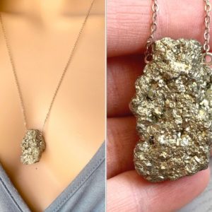 Shop Pyrite Necklaces! Rough Pyrite Necklace, Manifestation Necklace, Fools Gold Necklace, Rock Necklace, Apache Gold Necklace, Pyrite Crystal Necklace EXACT STONE | Natural genuine Pyrite necklaces. Buy crystal jewelry, handmade handcrafted artisan jewelry for women.  Unique handmade gift ideas. #jewelry #beadednecklaces #beadedjewelry #gift #shopping #handmadejewelry #fashion #style #product #necklaces #affiliate #ad