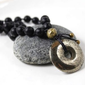 Shop Pyrite Necklaces! Worry Beads, Pocket Mala, Pyrite Touchstone, Mini Mala, Meditation Beads, Knotted Mala, Mala 27, Rosary, Affirmation Beads, Palm Stone, Yoga | Natural genuine Pyrite necklaces. Buy crystal jewelry, handmade handcrafted artisan jewelry for women.  Unique handmade gift ideas. #jewelry #beadednecklaces #beadedjewelry #gift #shopping #handmadejewelry #fashion #style #product #necklaces #affiliate #ad
