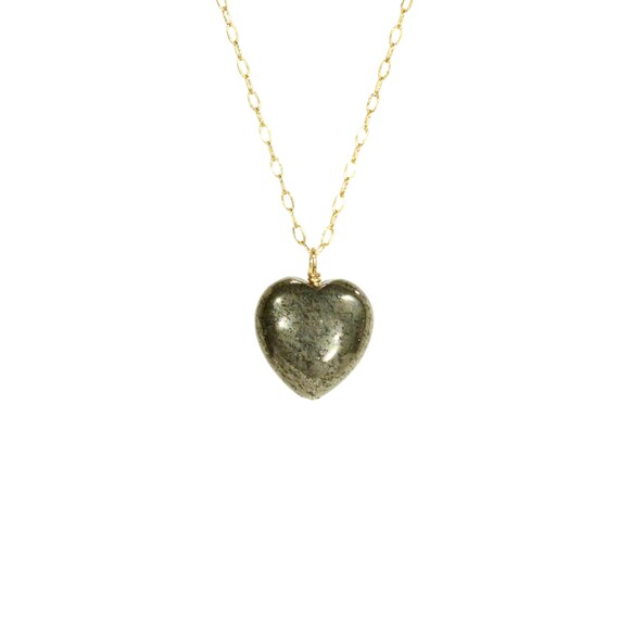 Pyrite Necklace, Crystal Heart Necklace, Healing Stone Pendant, Gift For Her, Boho Necklace, 14k Gold Filled Chain