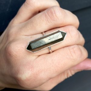 Shop Pyrite Rings! Unisex Boho Rocker Hexagon Gold Pyrite Wand Double Terminated Point Ring | Pyrite Ring | Fools Gold Ring | Geometric Ring | Boho | Rocker | Natural genuine Pyrite rings, simple unique handcrafted gemstone rings. #rings #jewelry #shopping #gift #handmade #fashion #style #affiliate #ad