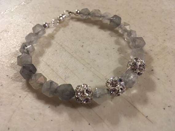 Gray Bracelet - Quartz Jewelry - Sterling Silver Jewellery - Crystals - Beaded - Gemstone