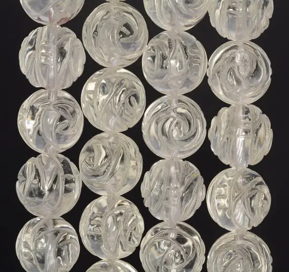 14mm White Rock Crystal Quartz Gemstone Grade Aaa Carved Flower Rose Beads 15.5 Inch Full Strand Bulk Lot 1,2,6,12 And 50 (90187633-698)