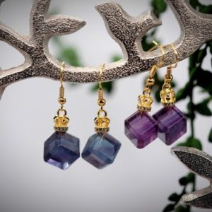 0.5'' Rainbow Fluorite Cube Dangle Earrings Gold Diamond Crown Cubic Zirconia Gold Plate Earwires