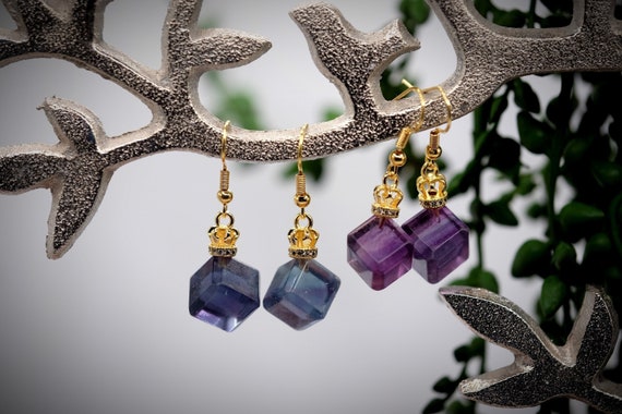 0.5'' Rainbow Fluorite Cube Dangle Earrings Gold Diamond Crown Cubic Zirconia Gold Plate Earwires