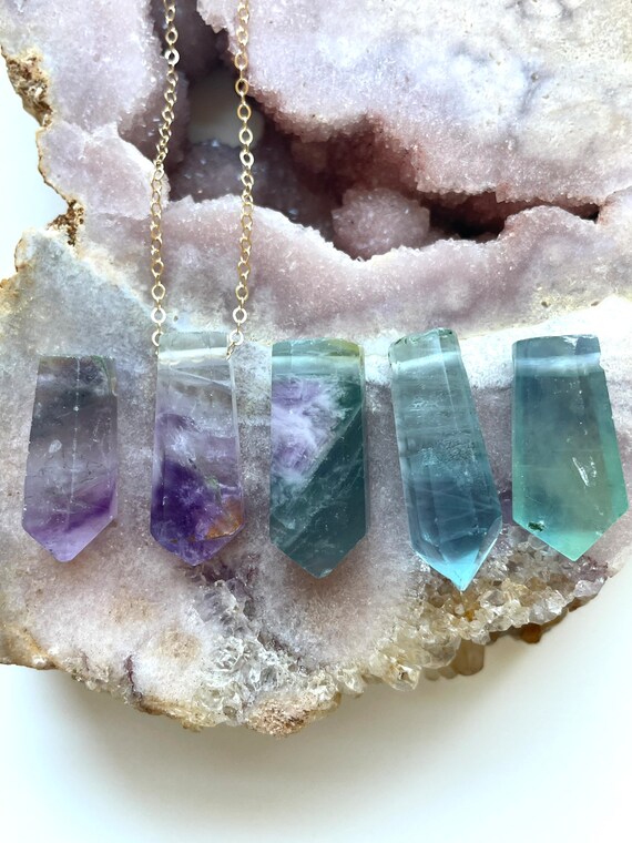Rainbow Fluorite Crystal Necklace: Raw Stone Pendant Rainbow Fluorite Crystal Necklace: Raw Stone Pendant