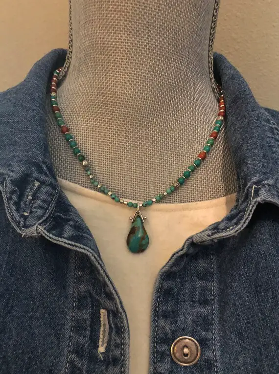 Teardrop American Turquoise Pendant, American Turquoise Bead Necklace, Silver Findings, Red Jasper Bead Necklace, Southwestern, Casual Style