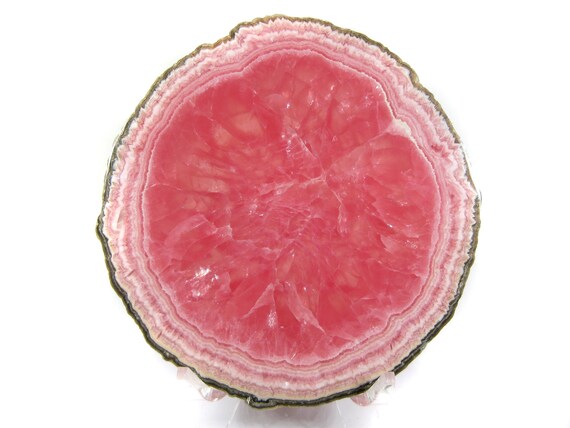 Vibrant Top Quality Rhodochrosite Stalactite Slice Specimen --double Polished! Fully Intact Outer Rind, A+ Translucency! Grapefruit Pink!!