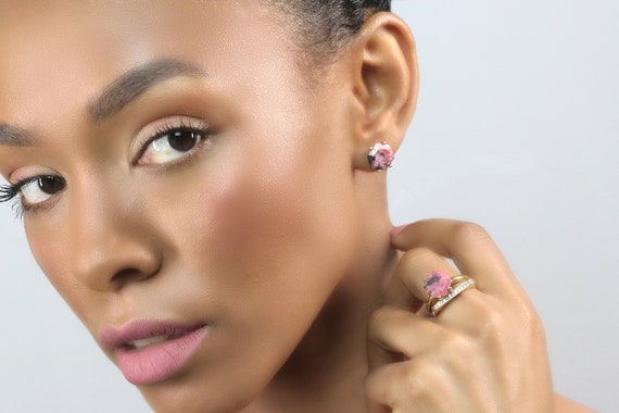 Hexagon Cut Stud Post Rhodonite Earrings · 18k Gold Gemstone Earrings · Pink Raw Natural Stone Earrings · Handmade Earrings