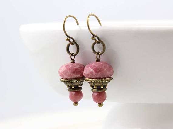 Pink Gem Earrings, Rhodonite Earrings, Antique Earrings, Dangle Earrings, Gift For Her, Gold Earrings, Gem Drop Earrings, Rustic Earrings