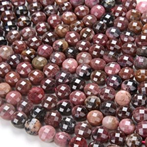 Shop Rhodonite Faceted Beads! Dark Red Rhodonite Gemstone Grade AAA Micro Faceted Coin Flat Disc 6MM 8MM Loose Beads BULK LOT 1,2,6,12 and 50 (D113) | Natural genuine faceted Rhodonite beads for beading and jewelry making.  #jewelry #beads #beadedjewelry #diyjewelry #jewelrymaking #beadstore #beading #affiliate #ad