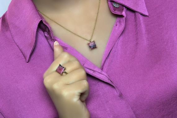 Everyday Gemstone Necklace · Rhodonite Square Necklace · Gemstone Pendant Necklace · 24k Gold Birthstone Necklace For Women