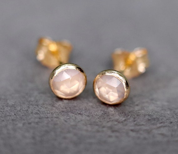 Rose Quartz Stud Earrings, Unconditional Love Stone, Valentine's Day Gift For Wife Girlfriend, Faceted Rose Cut Pale Pink Earrings In Gold