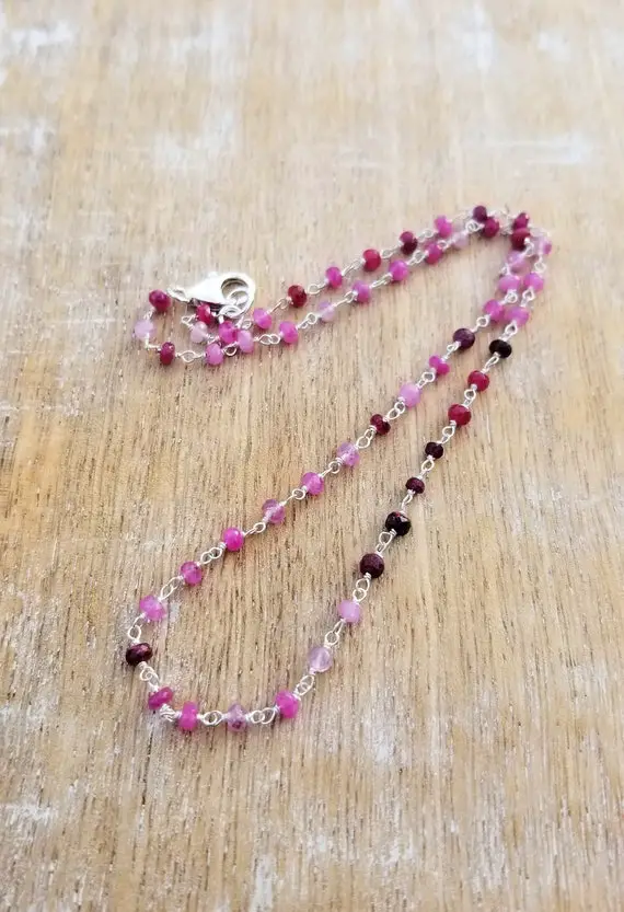 Natural Ruby Gemstone Necklace Sterling Silver, Dainty Pink Gemstone Necklace, Pink Beaded Necklace, 16 Inch Necklace, July Birthstone