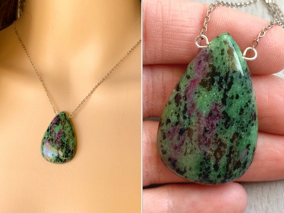 Ruby Zoisite Necklace, Gold Silver Necklace, Big Ruby Pendant Necklace, July Birthstone Necklace, Natural Ruby Zoisite Jewelry Exact Stone