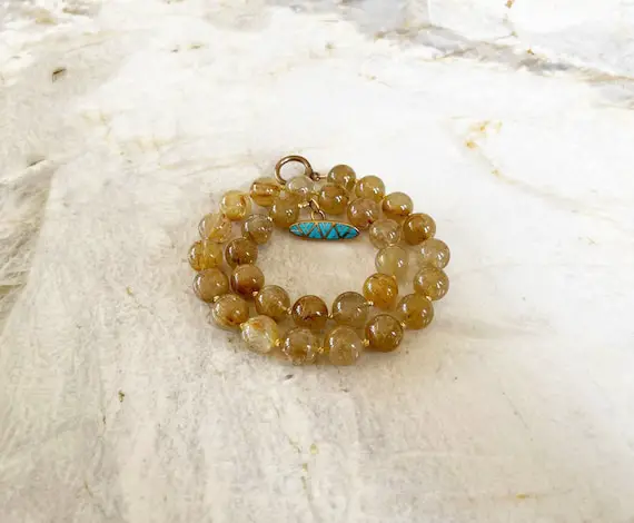 Golden Rutile Rutilated Quartz Round Beaded Necklace With Handmade Sleeping Beauty Turquoise Toggle Clasp