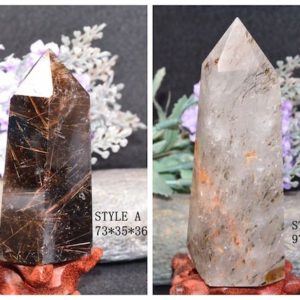 Shop Rutilated Quartz Points & Wands! A Smoky Copper golden Rutilated Quartz Crystal Point and A Clear Green Rutilated Quaryz Crystal Tower,Collections,Display,Energy Crystal | Natural genuine stones & crystals in various shapes & sizes. Buy raw cut, tumbled, or polished gemstones for making jewelry or crystal healing energy vibration raising reiki stones. #crystals #gemstones #crystalhealing #crystalsandgemstones #energyhealing #affiliate #ad