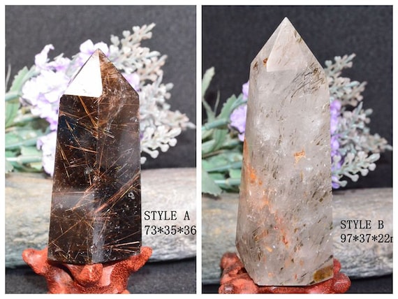 A Smoky Copper Golden Rutilated Quartz Crystal Point And A Clear Green Rutilated Quaryz Crystal Tower,collections,display,energy Crystal