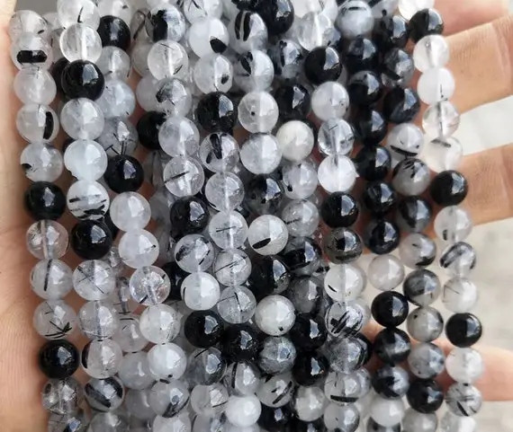 Natural Black Rutilated Quartz Round Beads,4mm 6mm 8mm 10mm 12mm 14mm 16mm Rutile Crystal Quartz Beads Wholesale Supply,one Strand 15"