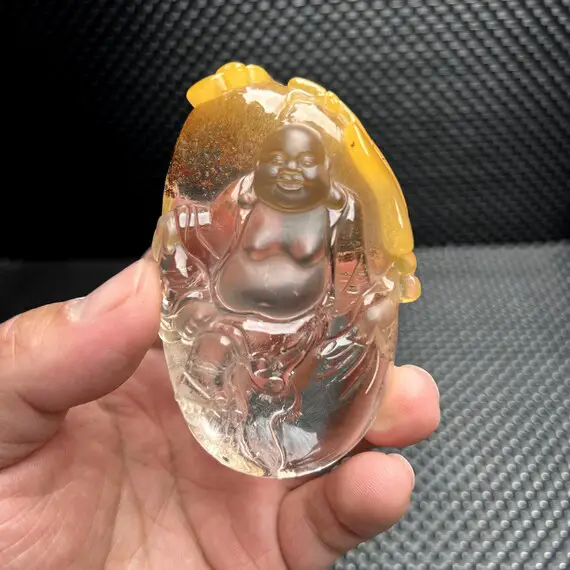 Natural Golden Rutilated Quartz Carving Maitreya Buddha Decor/rare Top Quality Red Phantom Crystal/master Handmade Gift/reiki Healing Happy