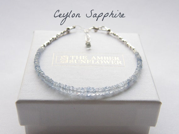 Ceylon Sapphire Bracelet Sterling Silver Shaded White Blue Sapphire Beaded Bracelet Blue Gemstone Natural Sri Lanka Sapphire, Adjustable