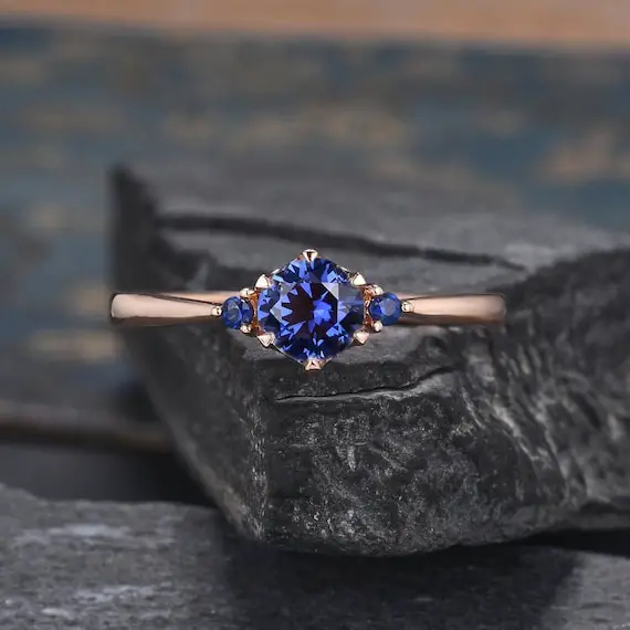 Rose Gold Sapphire Engagement Ring Natural Sapphire Ring September Birthstone Three Stone 3 Stones Ring Dainty Promise Gift For Woman