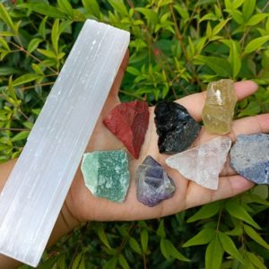 Shop Raw & Rough Selenite Stones! Large 7 Rough Crystal Chakra Set with Large Selenite Charging Plate | Natural genuine stones & crystals in various shapes & sizes. Buy raw cut, tumbled, or polished gemstones for making jewelry or crystal healing energy vibration raising reiki stones. #crystals #gemstones #crystalhealing #crystalsandgemstones #energyhealing #affiliate #ad