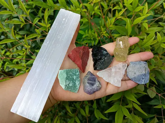 Large 7 Rough Crystal Chakra Set With Large Selenite Charging Plate