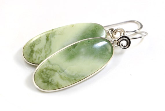 Sage Green Serpentine Earrings, Sterling Silver Earhooks, Silver Spiral Gemstone Earrings, One-of-a-kind Dangle Earrings, Zen Yoga Jewelry