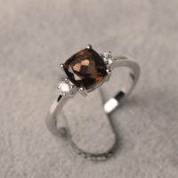 Smoky Quartz Ring Cushion Cut Checkerboard Ring Sterling Silver Wedding Ring For Women | Natural genuine Gemstone jewelry. Buy handcrafted artisan wedding jewelry.  Unique handmade bridal jewelry gift ideas. #jewelry #beadedjewelry #gift #crystaljewelry #shopping #handmadejewelry #wedding #bridal #jewelry #affiliate #ad