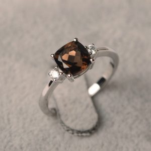 Smoky quartz ring cushion cut checkerboard ring sterling silver wedding ring for women | Natural genuine Gemstone rings, simple unique alternative gemstone engagement rings. #rings #jewelry #bridal #wedding #jewelryaccessories #engagementrings #weddingideas #affiliate #ad
