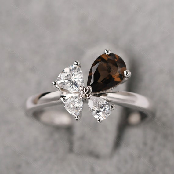 Unique Smoky Quartz Wedding Ring Sterling Silver Tear Drop Shaped Brown Stone Bow Ring