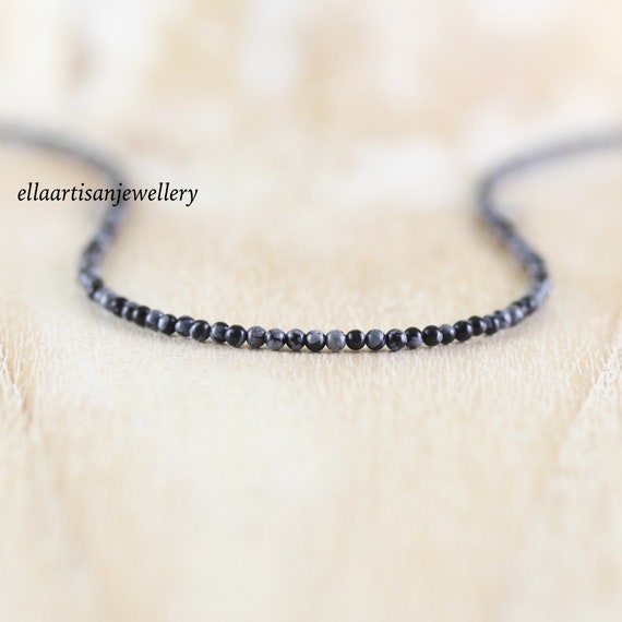 Snowflake Obsidian Delicate Beaded Necklace In Sterling Silver, Gold Or Rose Gold Filled, Dainty Gemstone Choker, Long Layering Necklace