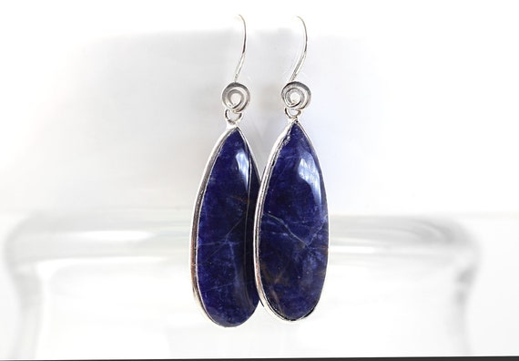 Blue Sodalite Gemstone Earrings, Artisan Sterling Silver Spiral Earhooks, Lightweight Blue Dangle Earrings, Zen Yoga Jewelry, Navy Blue Gem