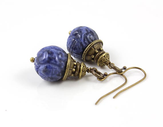 Blue Earrings, Sodalite Earrings, Rustic Earrings, Antique Earrings, Bohemian Earrings, Gift For Her, Tribal Earrings, Gift For Wife,  Yoga