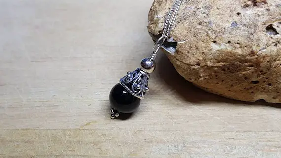 Black Spinel Pendant. Silver Cone Necklace. Bali Silver Beads. Reiki Jewelry Uk.