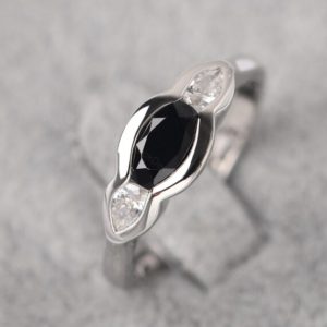 Simple Black Spinel Trilogy Engagement Ring Sterling Silver Black Stone Three Stone Ring | Natural genuine Array rings, simple unique alternative gemstone engagement rings. #rings #jewelry #bridal #wedding #jewelryaccessories #engagementrings #weddingideas #affiliate #ad