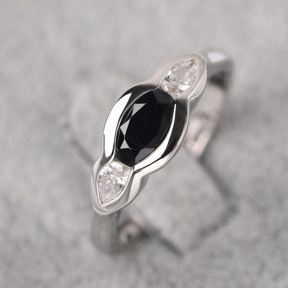 Simple Black Spinel Trilogy Engagement Ring Sterling Silver Black Stone Three Stone Ring