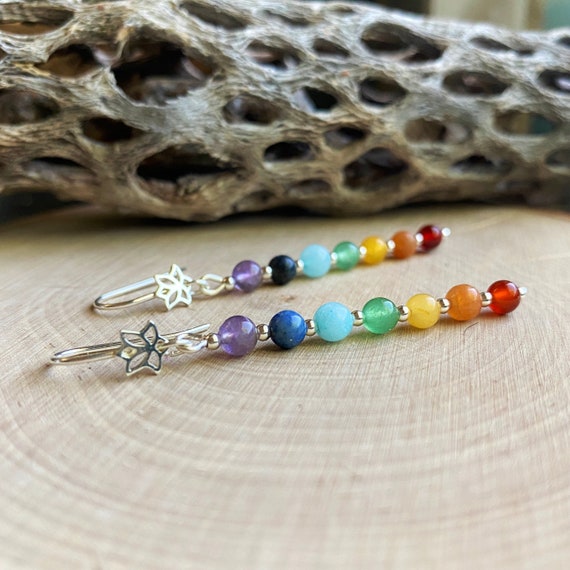 Sterling Silver Lotus Flower, Chakra Beaded Earrings