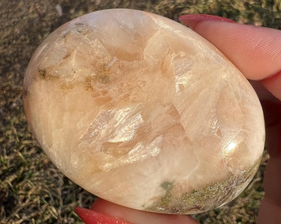2.4" Chatoyant Stilbite Palm Stone, Stilbite And Heulandite, Polished Peach Stilbite, Pink Stilbite, , For Mom, Girlfriend #1
