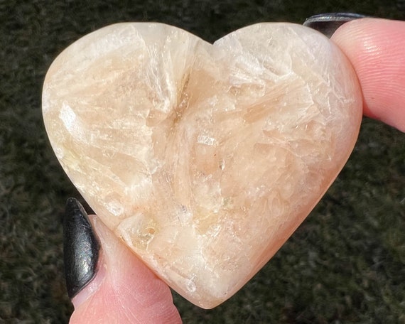 2" Peachy Pink Stilbite Heart #1 Polished Crystal, Gemstone Gift, Stone For Healing, Peace, Meditation, Small Shiny Palm Sized