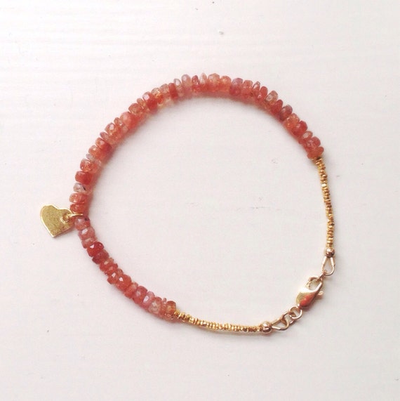 Sunstone Bracelet - Gold - Peach Gemstone Jewelry - Beaded - Stackable - Layer - Everyday - Minimal