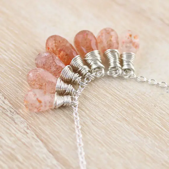 Sunstone Cluster Necklace In 925 Sterling Silver 14kt Gold Or Rose Gold Filled, Wire Wrapped Gemstone Pendant, Raw Crystal Jewelry For Women