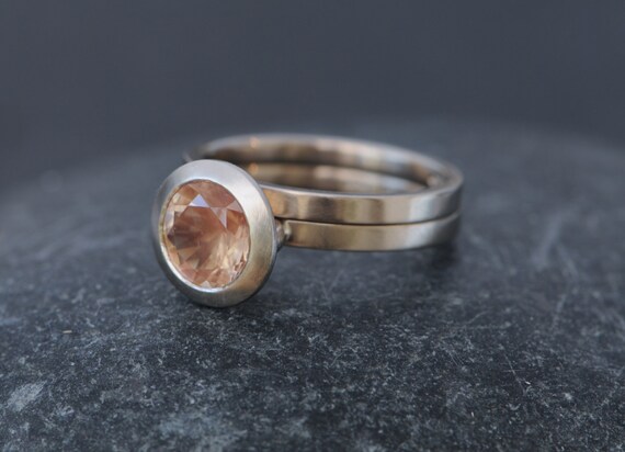Ethical Wedding Set 18k White Gold - Oregon Sunstone Halo Ring - Gift For Her