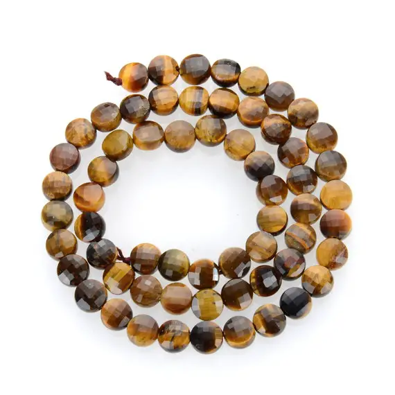 1 Strand/15" Natural Yellow Tiger's Eye Healing Gemstone 6mm Flat Coin Faceted Round Stone Beads For Earrings Bracelet Jewelry Making