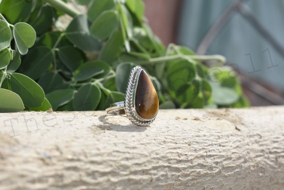 Tiger Eye Ring, Pear Silver Ring, 925 Silver Jewelry, Pear Stone Ring, Boho Ring, Bezel Set, Simple Band, Birthday Gift, Promise Ring, Boho