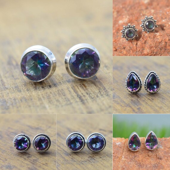 Blue Mystic Topaz 925 Solid Sterling Silver Stud Earring In Different Design - Silver Mystic Topaz Push Back Stud